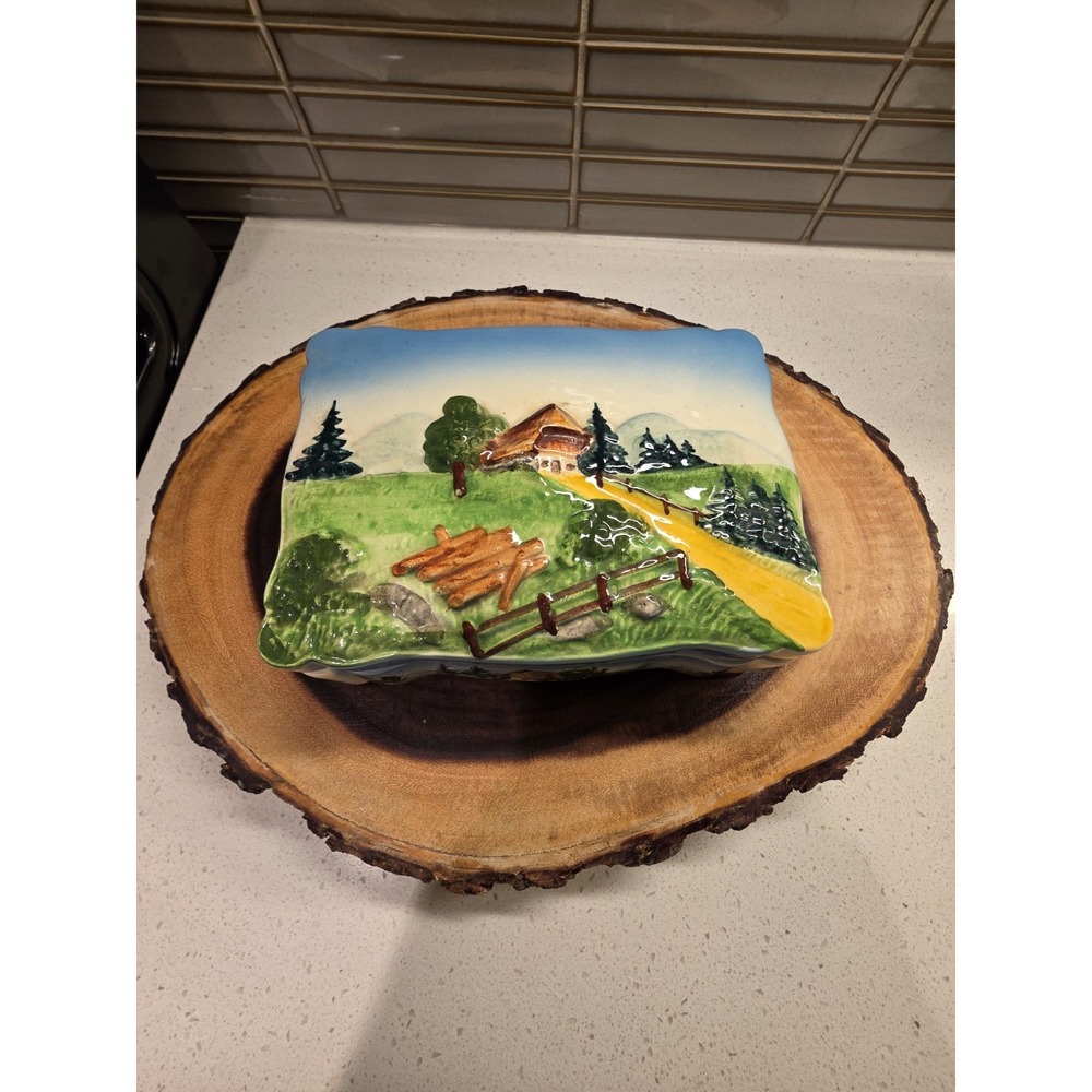 VTG 1950s West German Majolica Trinket Box Covered Bridge Pine Trees 6" X 2"